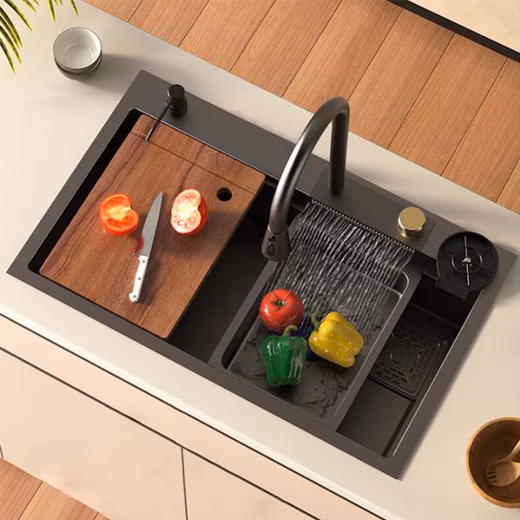 Stainless steel built-in sink with waterfall feature, sound insulation, and 4-way faucet.