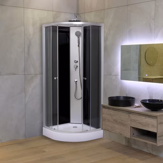 Corner shower SK2479, complete set with shower tray, shower head, back panel & drain