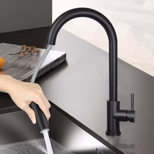 Kitchen faucet, black/nickel, stainless steel spray head, 360° swivel, pull-out, 2 spray patterns