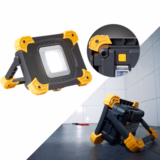 LED construction spotlight with battery, dimmable, 1100 lumens, IP54 with power bank function
