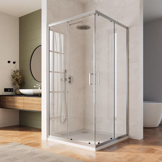 Corner shower, corner shower enclosure, corner entry, sliding doors, 6mm glass