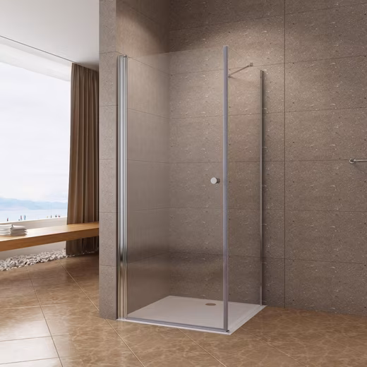 Corner shower cubicle, corner entry, bathroom shower enclosure with pivot door and side panel