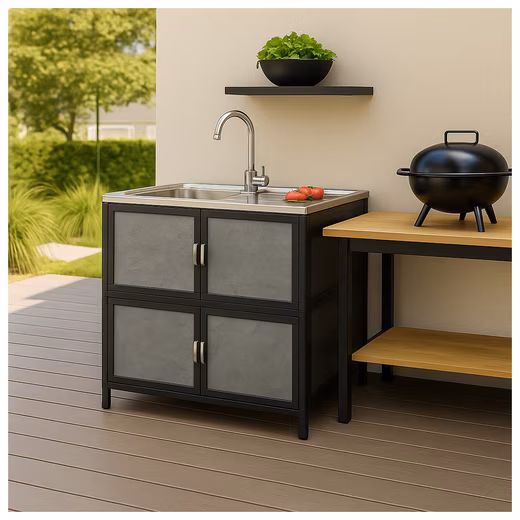 Kitchen sink with drainer and base cabinet