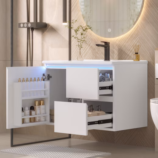 Washbasin unit with LED radar sensor, vanity unit including washbasin