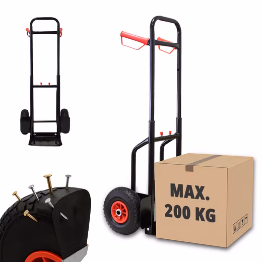 Hand truck, 200kg capacity, extendable/foldable, solid rubber tires, flat-free