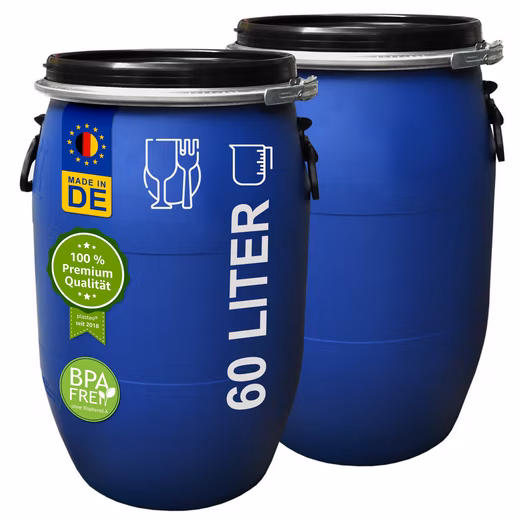 Rain barrel (2 pieces): 60 L wide-mouth barrel with tension closure, 100% food-safe