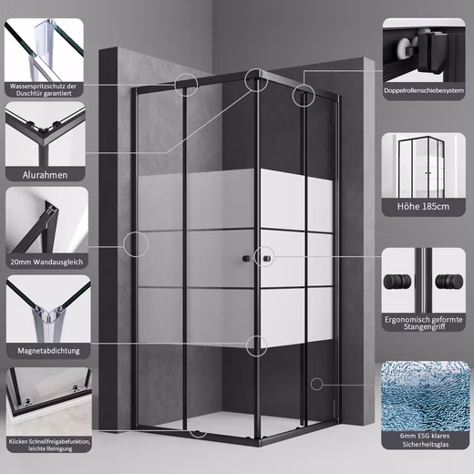Corner shower cubicle, shower enclosure, sliding door, black frosted glass, H: 185cm - Image 3