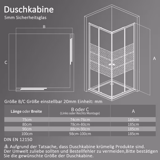 Corner shower cubicle, shower enclosure, sliding door, black frosted glass, H: 185cm - Image 2