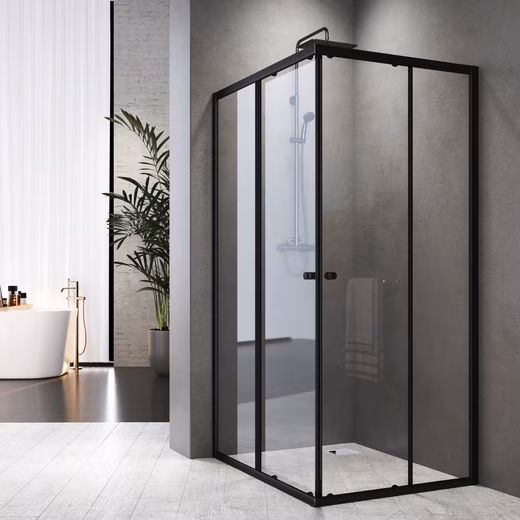 Corner shower enclosure, black, 90x90, 75x75, 90x75, H:185, corner entry with sliding door