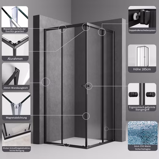 Corner shower enclosure, black, 90x90, 75x75, 90x75, H:185, corner entry with sliding door - Image 3