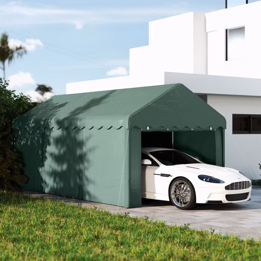 Single carport with roll doors, roof, removable side walls