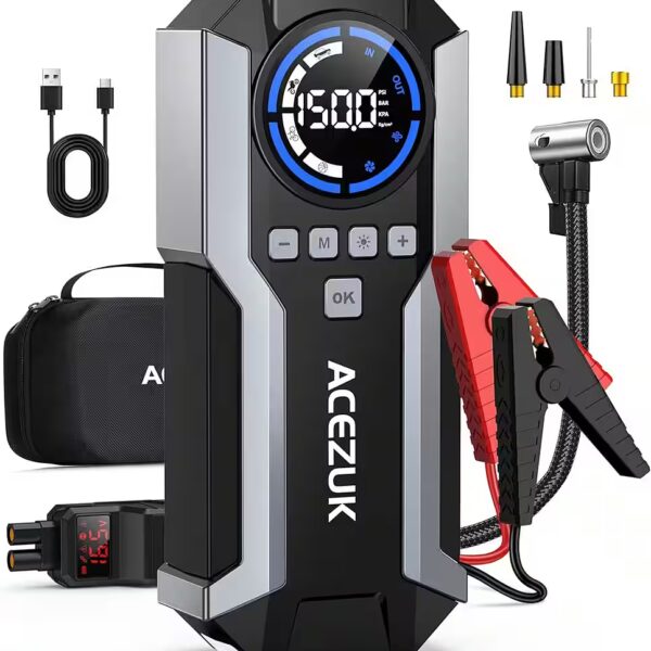 Jump starter Car jump starter with air compressor 3-in-1 jump starter (12 V), 150 PSI, 6000A with LED emergency light and USB power bank