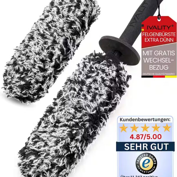 Rim brush - Ultra-thin car microfiber brush - Premium - Effective & gentle All car rims, small gaps, entire rim bed, car cleaning, (with 2x interchangeable covers, 3-piece, perfect for rim cleaning), ultra-thin, reaches every corner and the entire rim bed