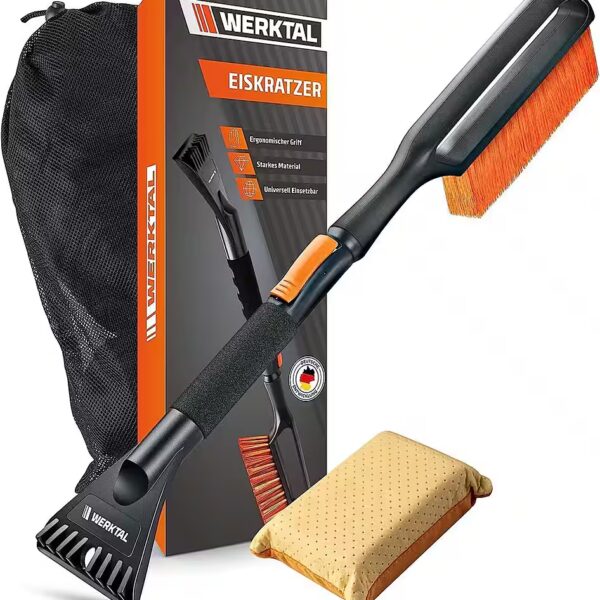 Ice scraper with ice breaker function, gentle on car windows with integrated snow brush & telescopic pole, ergonomic handle