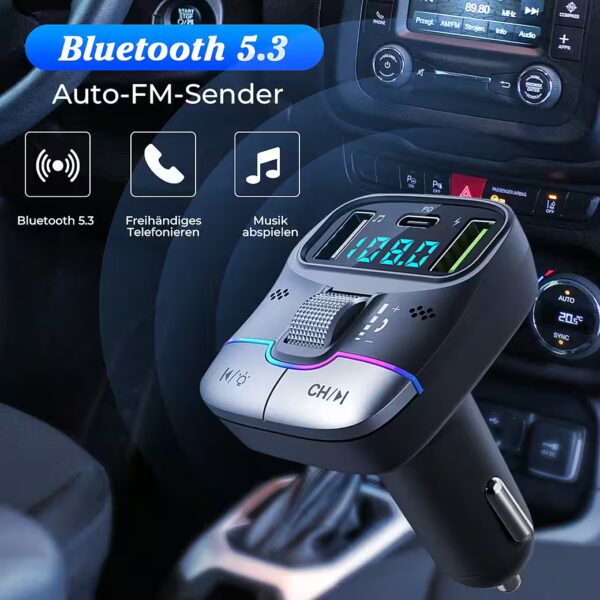 FM Transmitter Car Transmitter Bluetooth 5.0 to USB-C, Car Radio Audio Adapter Hands-free System USB Charger