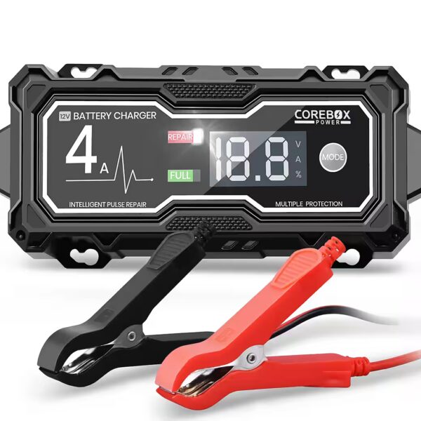 Car battery charger 12V 4A, Smart automatic car battery charger (Charger for cars, motorcycles and light trucks, with LCD display, temperature compensation repair mode)