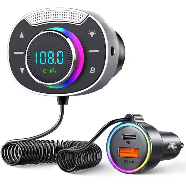 Bluetooth 5.3 FM Transmitter for Car, PD 30W + QC3.0 Fast Charging Car Transmitter FM Transmitter, Stronger Dual Mic & Bass Boost, Car Bluetooth Hands-Free Calling with 8-Color Backlight, Music Player; U-Disk, Oversized Microphone, Aux Output & TF Card, Hands-Free Calling