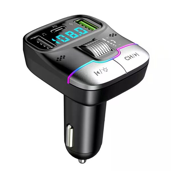 FM Transmitter, Car Adapter, Vehicle Transmitter Bluetooth 5.0 to USB-C, 3-in-1 MP3 player with 3 USB ports, hands-free function