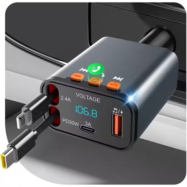 Bluetooth & Cigarette Lighter Car Charger with 2 Retractable Cables Car Adapter