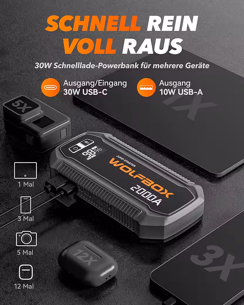 2000/4000 A jump starter, 12 V car jump starter with LED flashlight (12 V, 1 pc), with high-resolution LCD screen - Image 4