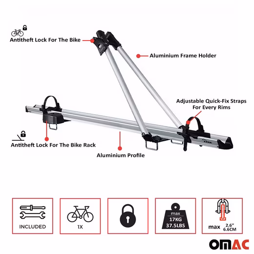 Roof bike rack, roof bike rack up to 17 kg, aluminum, silver, bike holder (1-piece), Detachable, Lightweight - Image 3