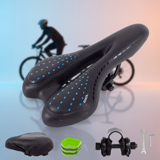 Ergonomic bicycle saddle, black and blue, anti-slip gel, ventilated (Piece, 1-piece, single item), Gel saddle