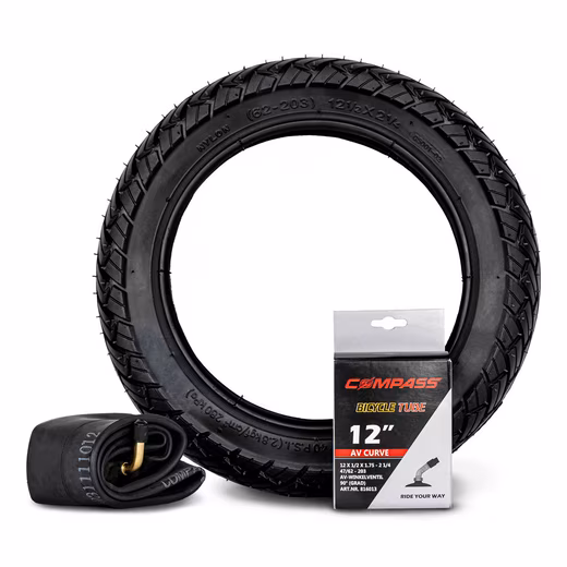 Bicycle tire 12 inch 12 1/2 x 2 1/4 = 62 - 203 incl. inner tube with AV valve, roller