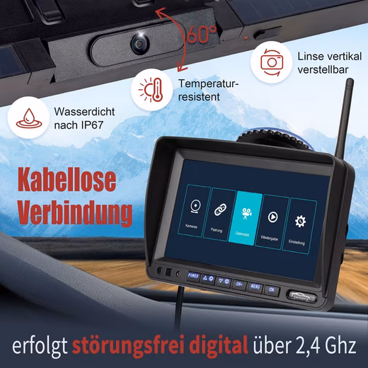 Premium Solar 5 reversing camera (Solar wireless video reversing system for cars, motorhomes, vans, and trailers, license plate holder, recording function, 7" HD-IPS monitor) - Image 2