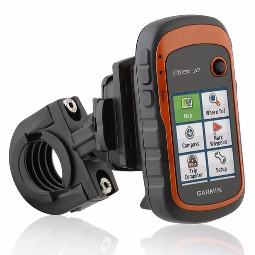 Navigation device mount, bicycle mount with securing strap for Garmin GPS devices