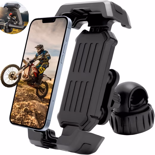 Phone holder for bicycles and motorcycles with shock absorber, 360° rotatable