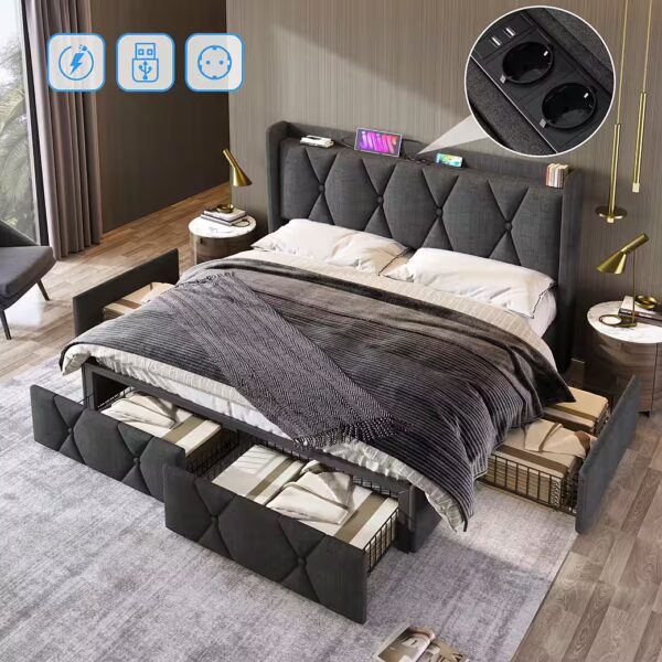 Upholstered bed with USB charging function, headboard and 4 drawers