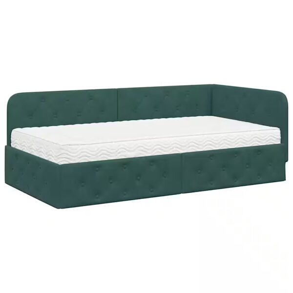 Corner Bed Frame with Mattress, Dark Green, 90 x 200 cm, Velvet