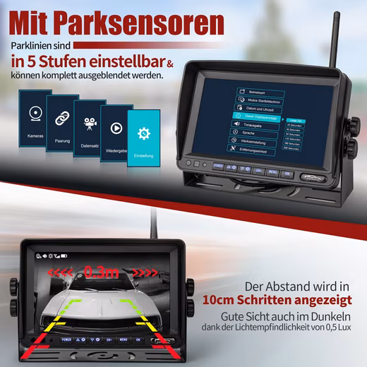 Premium Solar 5 reversing camera (Solar wireless video reversing system for cars, motorhomes, vans, and trailers, license plate holder, recording function, 7" HD-IPS monitor) - Image 4