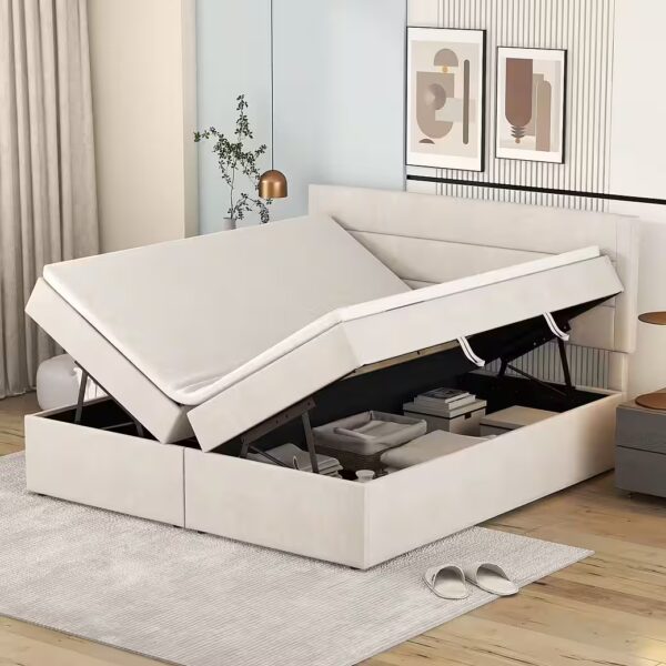 Upholstered bed 140x200 with metal frame & storage space (Beige)