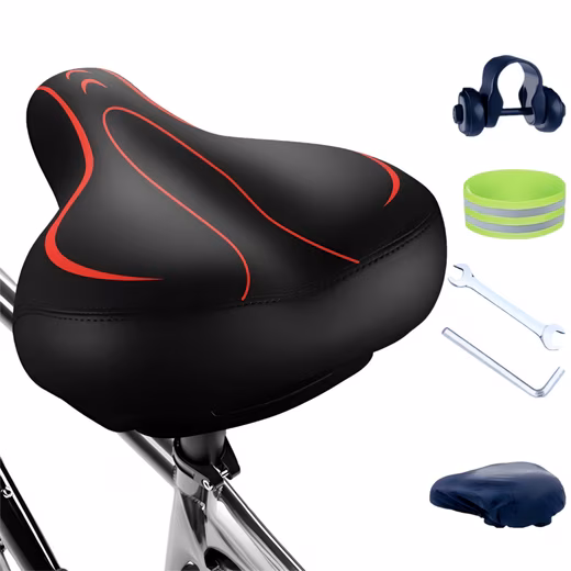 Ergonomic bicycle saddle with reflective strips and universal adapter, suitable for e-bikes/MTBs. (Universal replacement saddle for exercise bikes, mountain bikes, e-bikes, city bikes & racing bikes, breathable, with tools, with waterproof cover), Waterproof leather, with cover & wrench