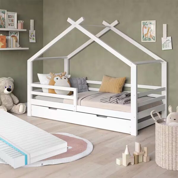 Luni House Bed, White, 200 x 90 cm with Guest Bed and Mattress
