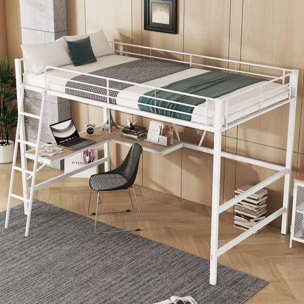Loft Bed 90x200 with L-shaped Desk & Shelf (White, Metal)