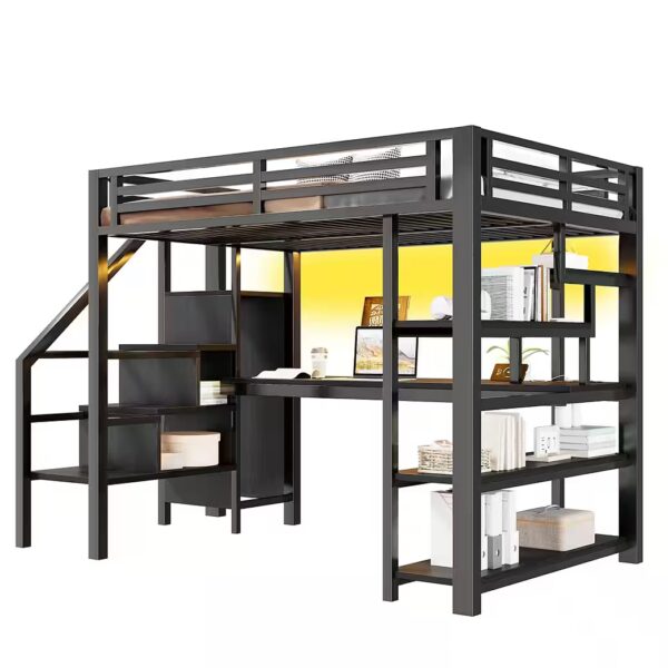 Children's Bed 140x200cm Metal Loft Bed, Children's Bed with Stairs, Open Wardrobe