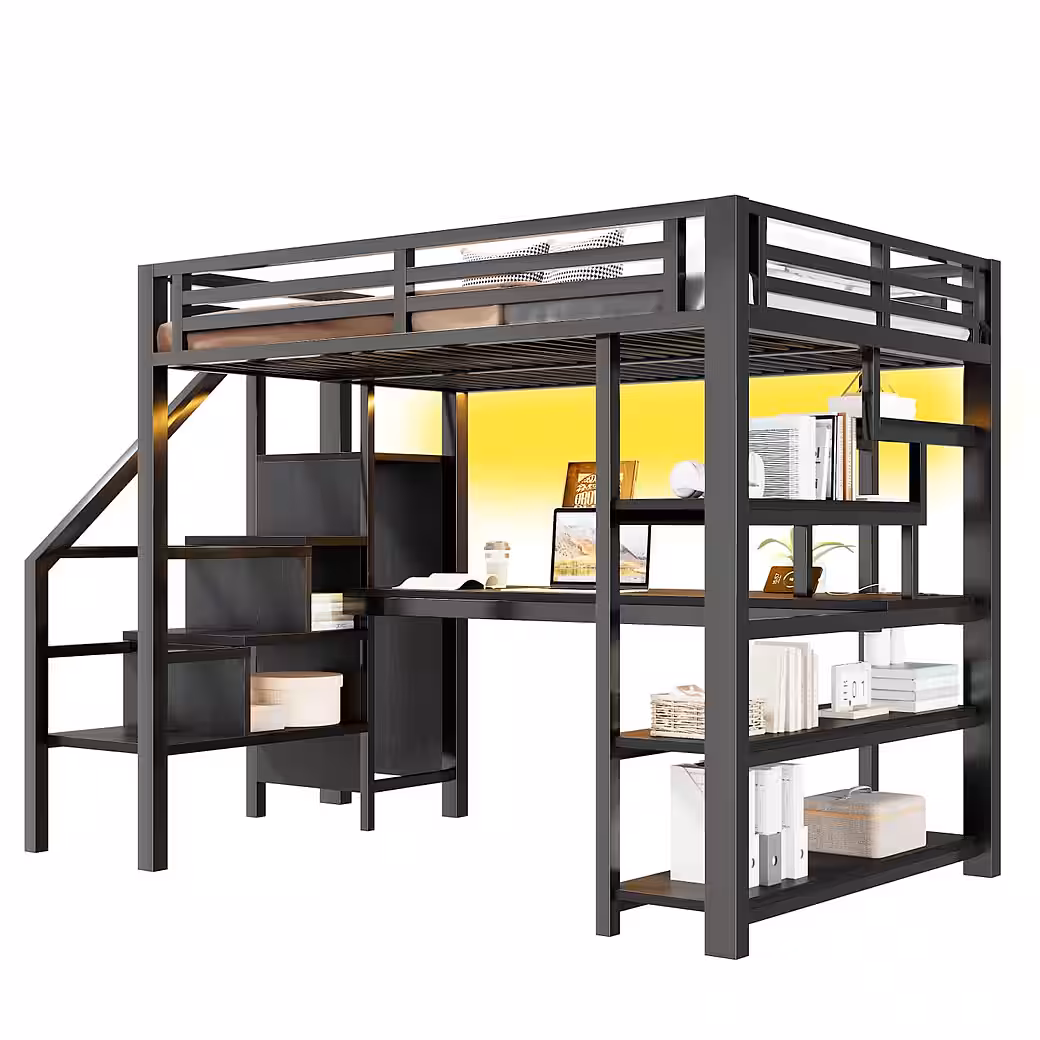 Children's Bed 140x200cm Metal Loft Bed, Children's Bed with Stairs, Open Wardrobe - Image 5