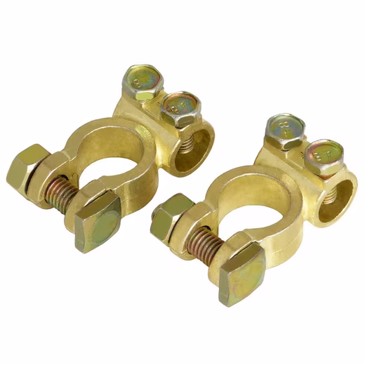 Product Description Item no. S0H7J0JM Scope of delivery: 2 pieces (1x plus + 1x minus -) battery terminals with 2-fold screw connection The terminal blocks are marked with (+) and (-) identification - Mounting recommendation: fasten the terminal blocks with max. 15 Nm, use some pole grease Diameter Ø Minus (-) Pole Clamp 17.5 mm - Diameter Ø Plus (+) Pole Clamp 19 mm - Secure connection by 2-fold screw connection of the cable The corrosion-inhibiting alloy increases the service life, ensures good starting behavior (especially in winter*) and the conductivity of the battery terminal blocks For cable diameters up to 12.5 mm or 120 mm² - Suitable for all common, standardised 12 V and 24 V DIN car, truck, solar and motorcycle batteries with round + cone-shaped poles  Weniger anzeigen Product information:  - Suitable for 12 V and 24 V batteries - Secure connection by 2-fold screw connection of the cable - Material: zinc, aluminum, magnesium, copper - Tips for correct connection are included in the shipment - Scope of delivery: 2x battery terminals (1x plus + 1x minus)  The terminal blocks with 2-fold screw connections are marked with (+) and (-) markings, we recommend using some pole grease when mounting.  Suitable for all common, standardized 12 V and 24 V DIN cars, trucks and motorcycle batteries with round + cone-shaped poles.