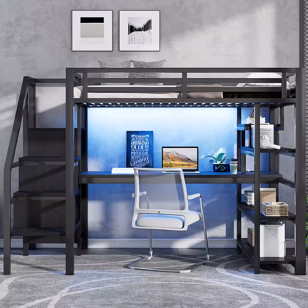 Children's Bed 140x200cm Metal Loft Bed, Children's Bed with Stairs, Open Wardrobe - Image 4