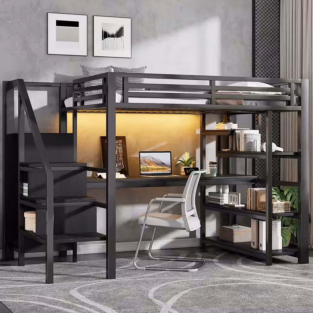 Children's Bed 140x200cm Metal Loft Bed, Children's Bed with Stairs, Open Wardrobe - Image 3