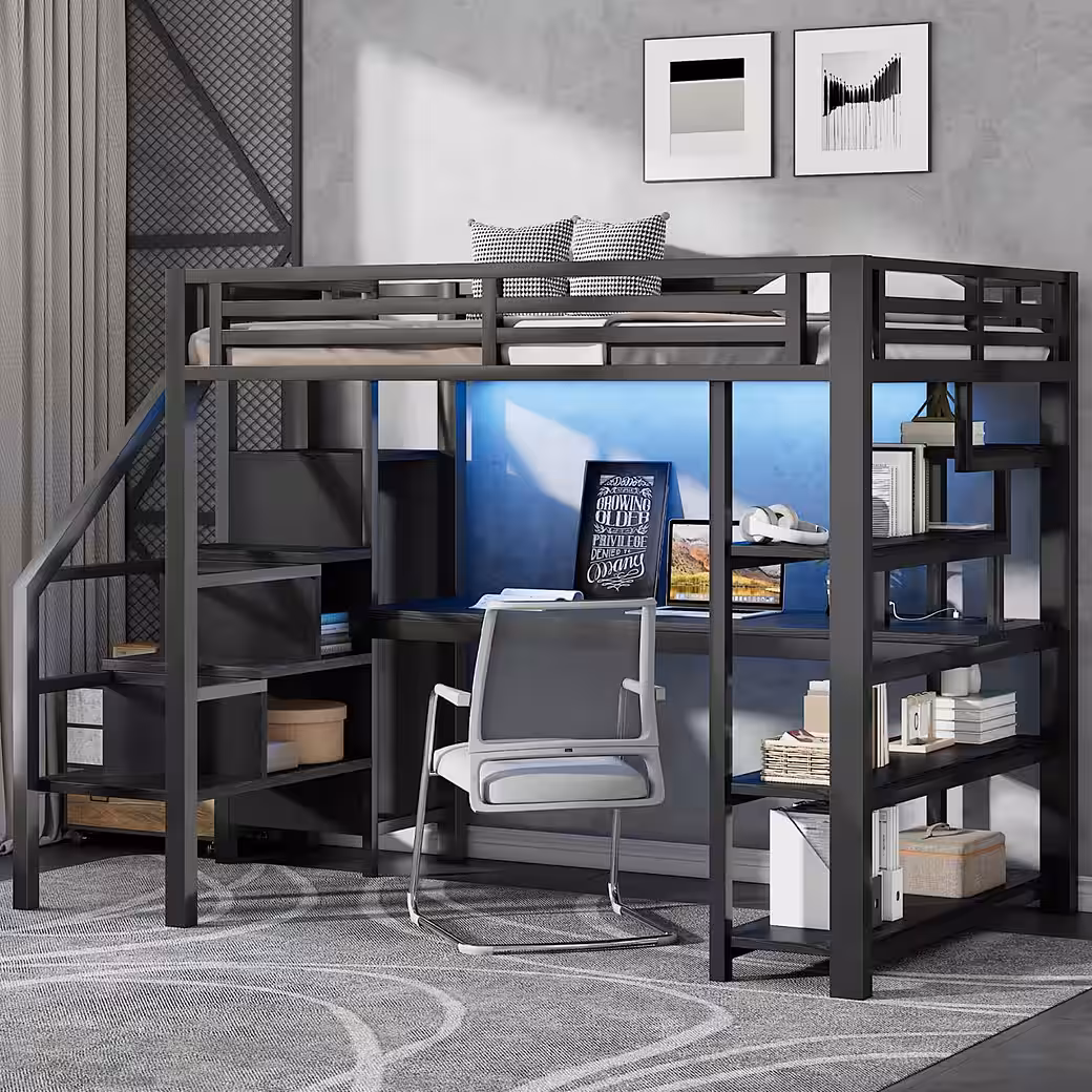 Children's Bed 140x200cm Metal Loft Bed, Children's Bed with Stairs, Open Wardrobe - Image 2
