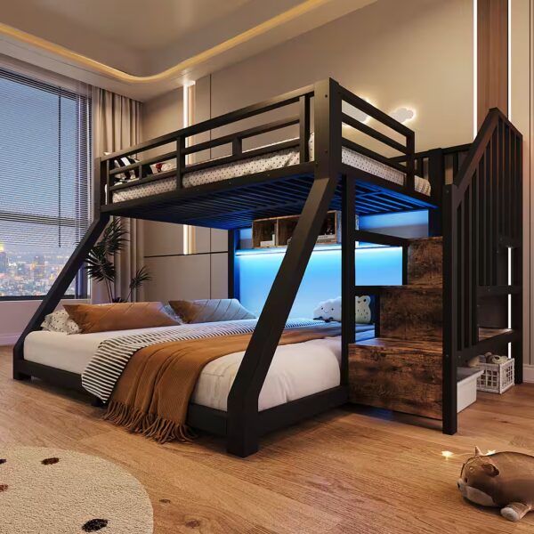 Bunk Bed 90x200 140x200 Children's Bed Youth Bed with LED Lighting Storage Stairs
