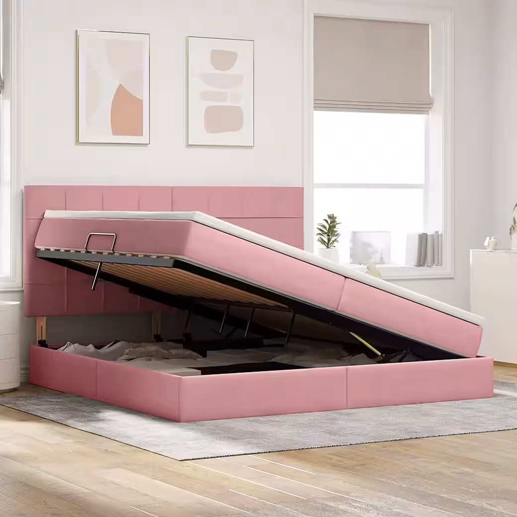 Bed with Storage and LED Lighting with Mattress, Pink, 200 x 200 cm, Velvet - Image 3