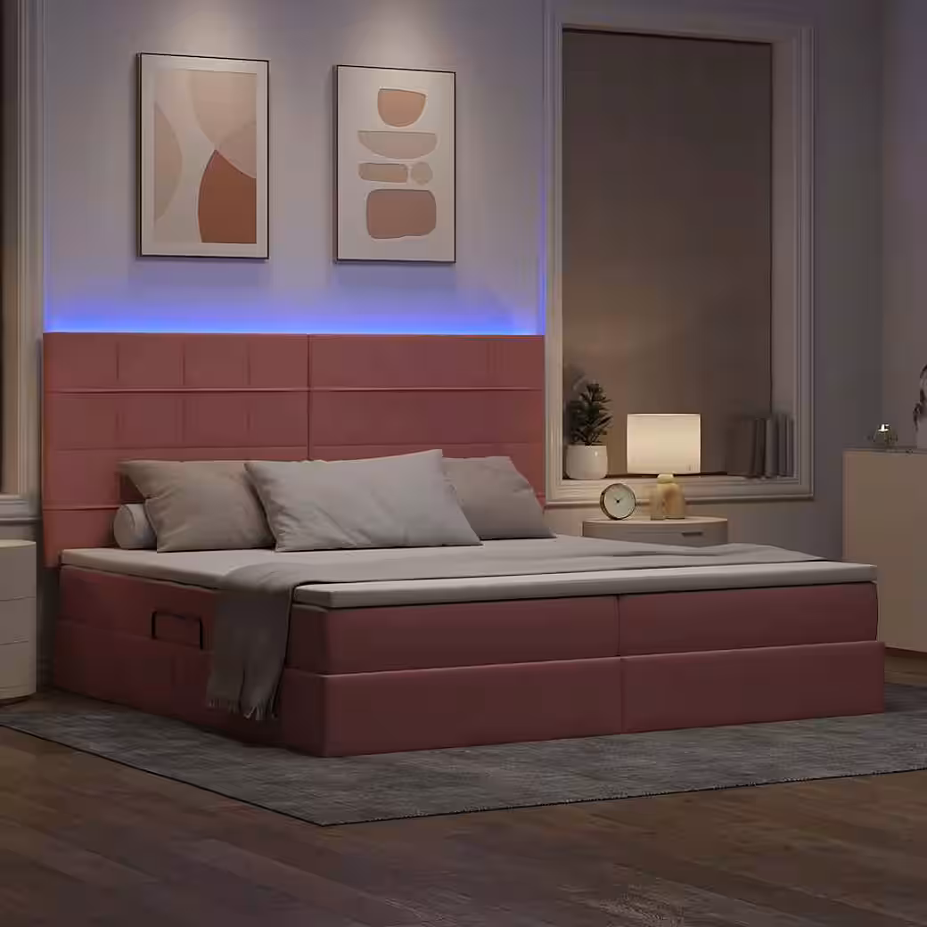 Bed with Storage and LED Lighting with Mattress, Pink, 200 x 200 cm, Velvet - Image 2