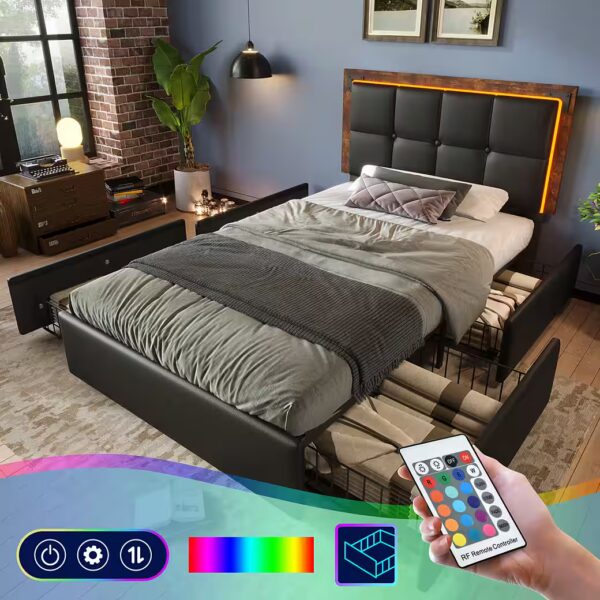 Upholstered bed frame with LED lighting strip and 4 drawers