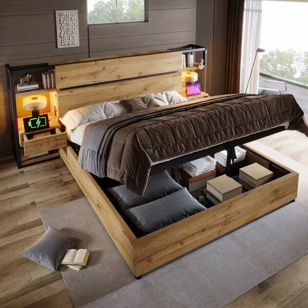 Wooden bed, double bed 180×200cm, hydraulic storage bed