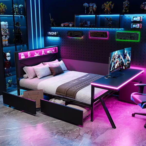 Youth Bed 140x200 with LED, USB, Functional Bed with Desk and Storage