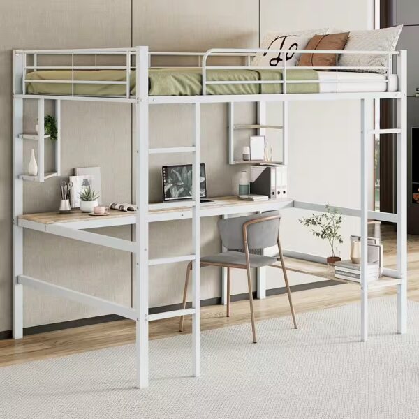 Loft bed 140x200 with desk & shelves (white, metal)
